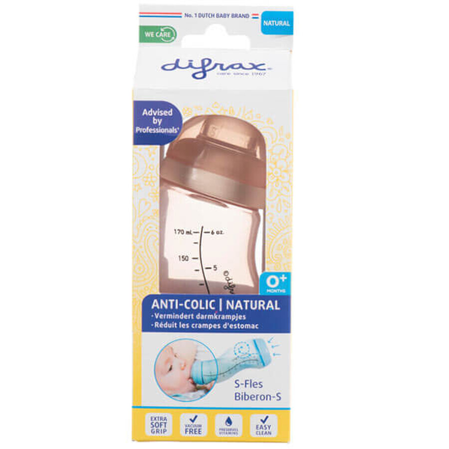 Difrax Natural anti-colic bottle S, narrow, with slow flow teat, Blossom, from birth, 170 ml