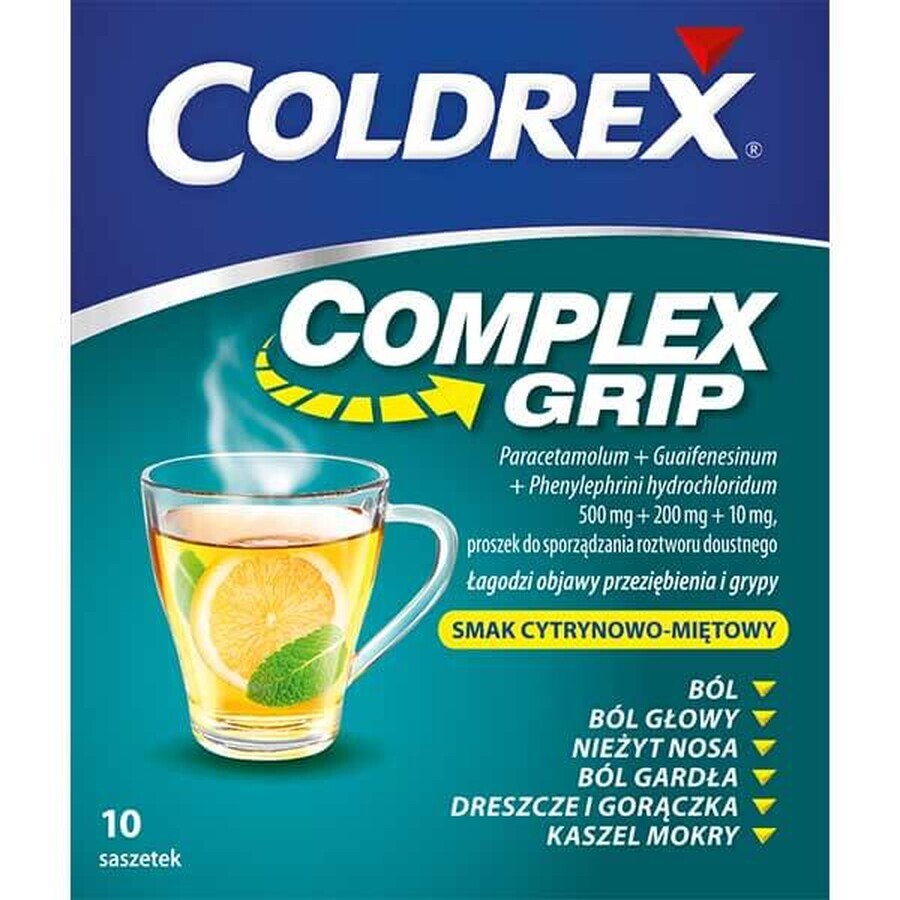 Coldrex Complex Grip 500 mg + 200 mg + 10 mg, pulbere pentru soluție orală, aromă de lămâie și mentă, 10 pliculețe