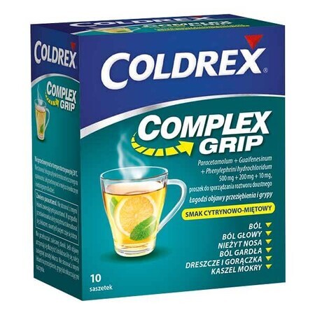 Coldrex Complex Grip 500 mg + 200 mg + 10 mg, pulbere pentru soluție orală, aromă de lămâie și mentă, 10 pliculețe