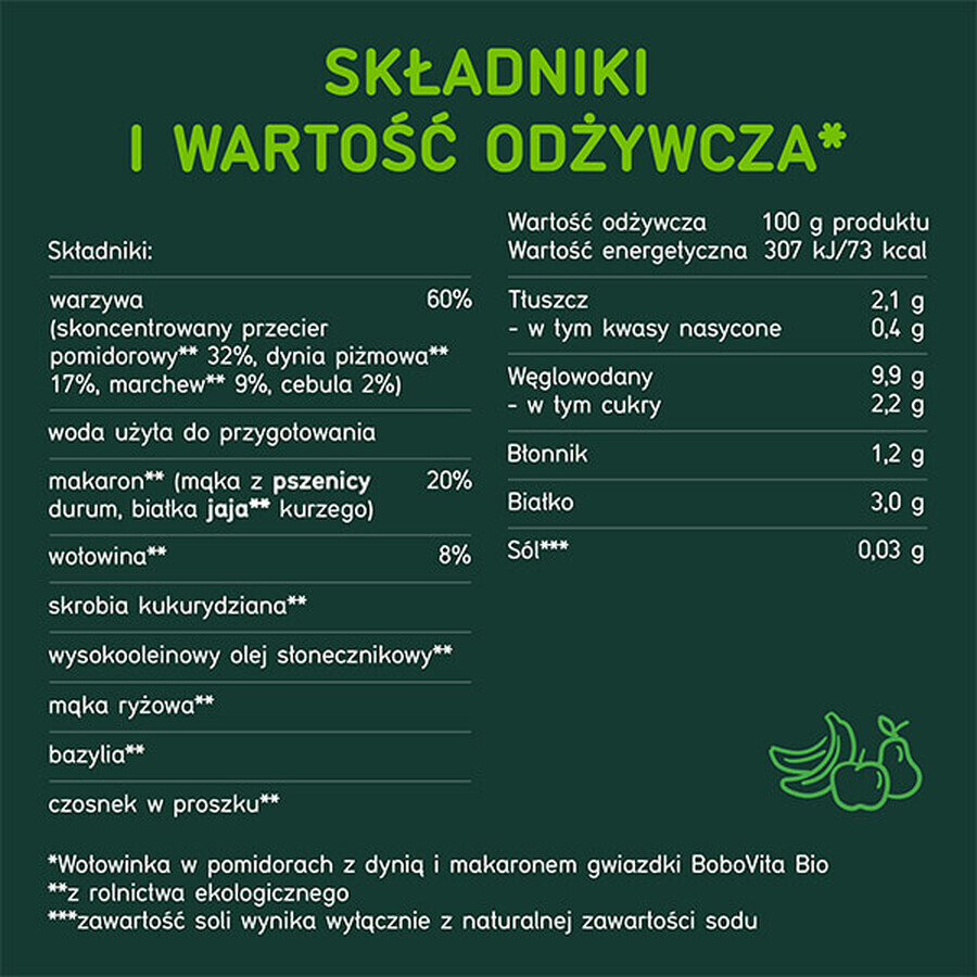 BoboVita Bio Dinner, carne de vită în roșii cu dovleac și paste stea, după 8 luni, 190 g