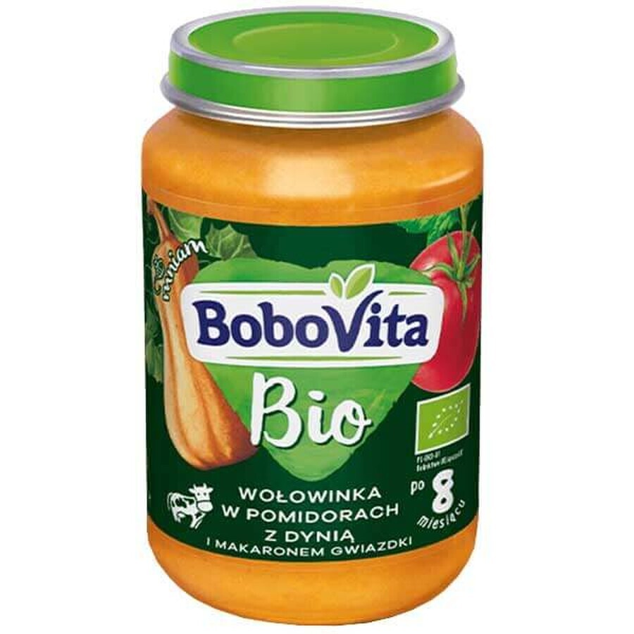 BoboVita Bio Dinner, carne de vită în roșii cu dovleac și paste stea, după 8 luni, 190 g