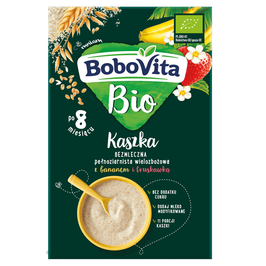 BoboVita Bio Terci integral din cereale multiple cu banane și căpșuni, fără lapte, fără zahăr adăugat, după 8 luni, 200 g