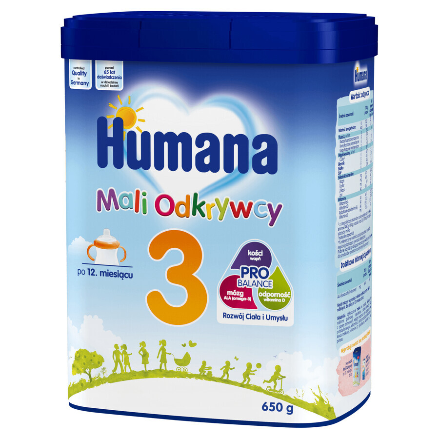 Humana 3 Little Explorers, băutură din lapte praf cu lapte degresat și uleiuri vegetale, după 12 luni, 650 g