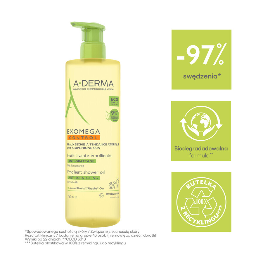 A-Derma Exomega Control, huile de douche émolliente, peau sèche sujette à l'atopie, dès la naissance, 750 ml 