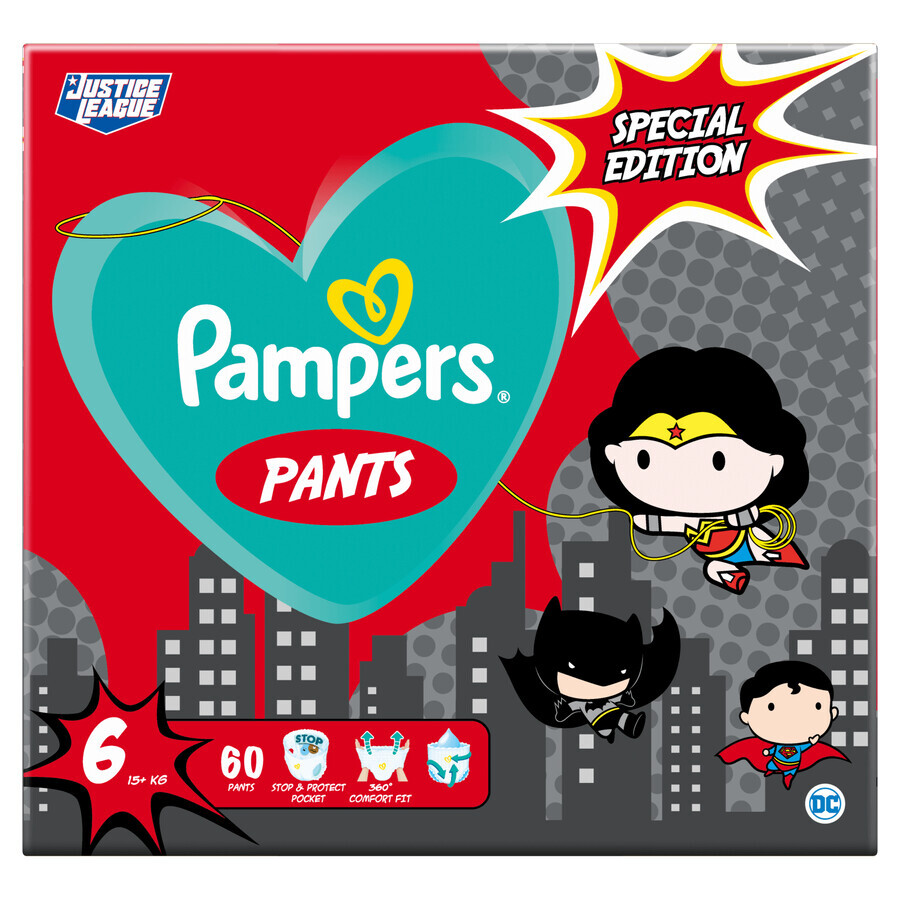 Pampers Pants, scutece, Justice League, mărimea 6, 15+ kg, 60 buc