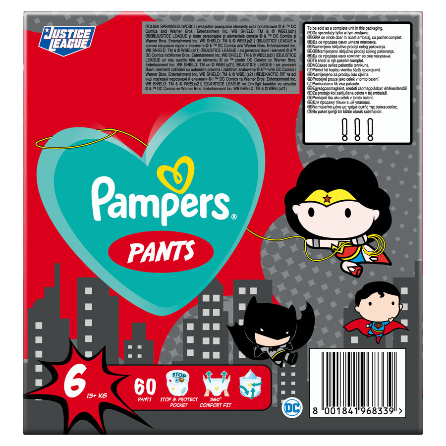 Pampers Pants, scutece, Justice League, mărimea 6, 15+ kg, 60 buc