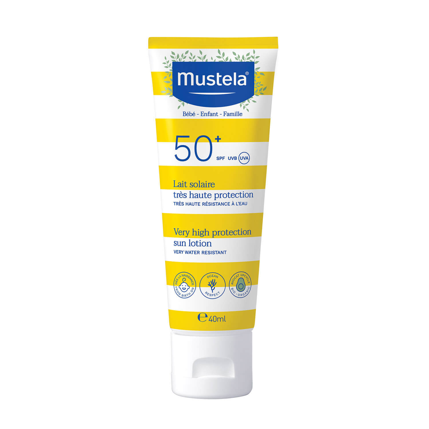 Mustela Sun set, Baby on the go - piele normală, lapte de protecție solară, SPF 50+, 40 ml + Hydra Bebe, cremă de față, 40 ml