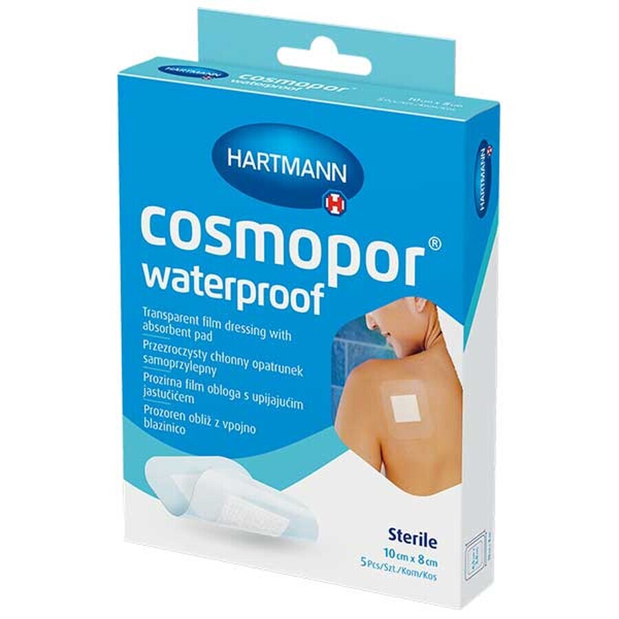 Cosmopor Waterproof, pansament absorbant, autoadeziv, impermeabil, steril, transparent, 10 cm x 8 cm, 5 bucăți