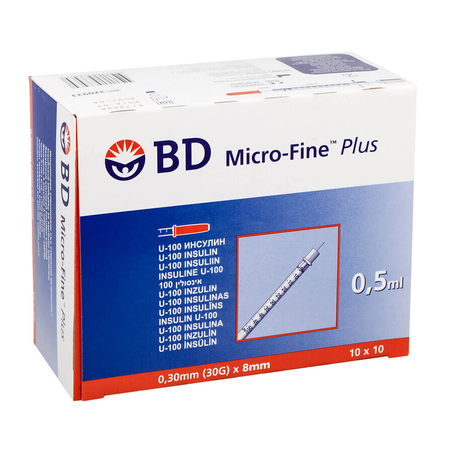 BD Micro-Fine Plus, seringă de insulină, 0,5 ml, U-100, cu ac 30G, 0,3 x 8 mm, 100 bucăți