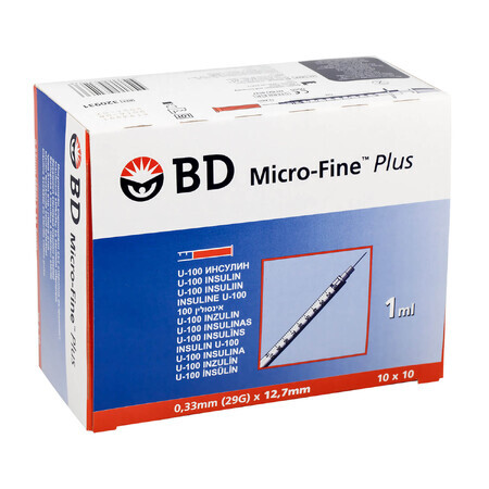 BD Micro-Fine Plus, seringă de insulină, 1 ml, U-100, cu ac 29G, 0.33 x 12.7 mm, 100 bucăți