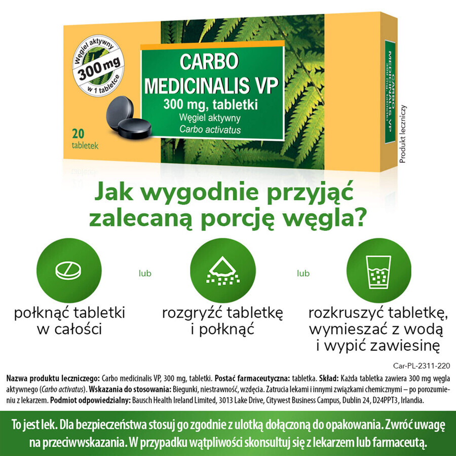 Carbo medicinalis VP 300 mg, activated carbon, 20 tablets