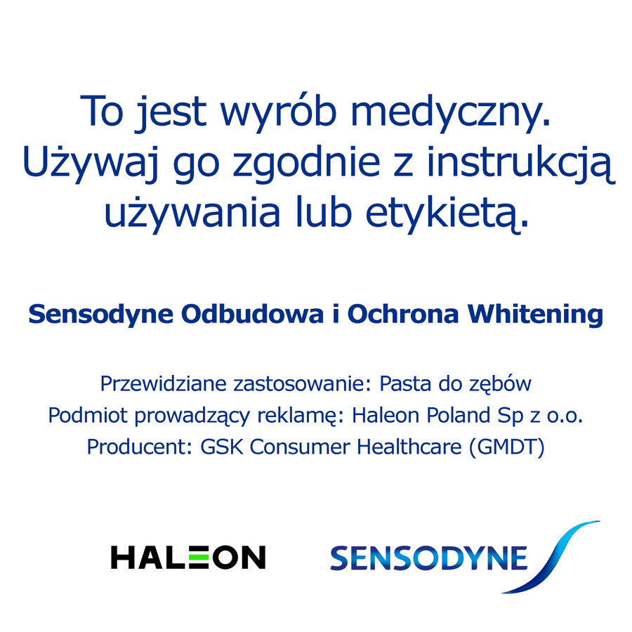 Sensodyne Restoration and Protection Whitening, pastă de dinți albitoare pentru dinți hipersensibili, 75 ml