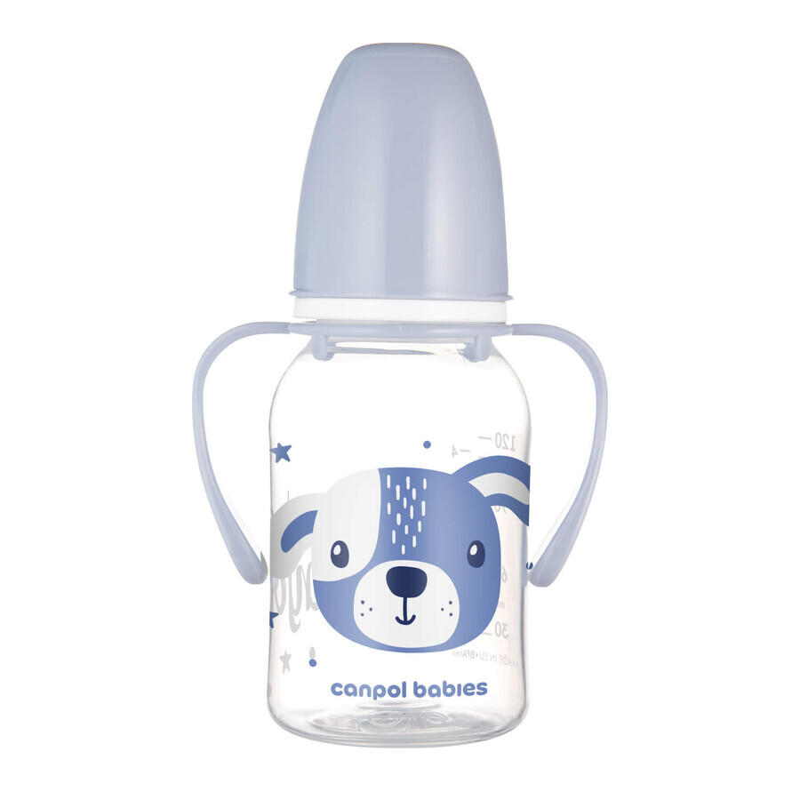 Canpol Babies, smalle fles met handvat, Schattige diertjes, 11/823, blauw, vanaf 3 maanden, 120 ml