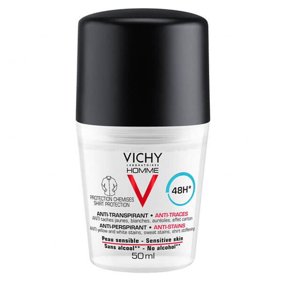 Vichy Homme, roll-on 48h anti-transpirant pour hommes, contre les marques sur les vêtements, 50 ml