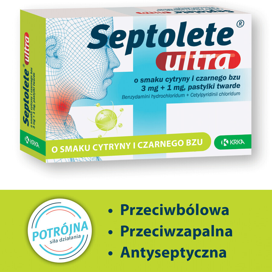 Septolete Ultra goût citron et sureau 3 mg + 1 mg, 16 pastilles dures