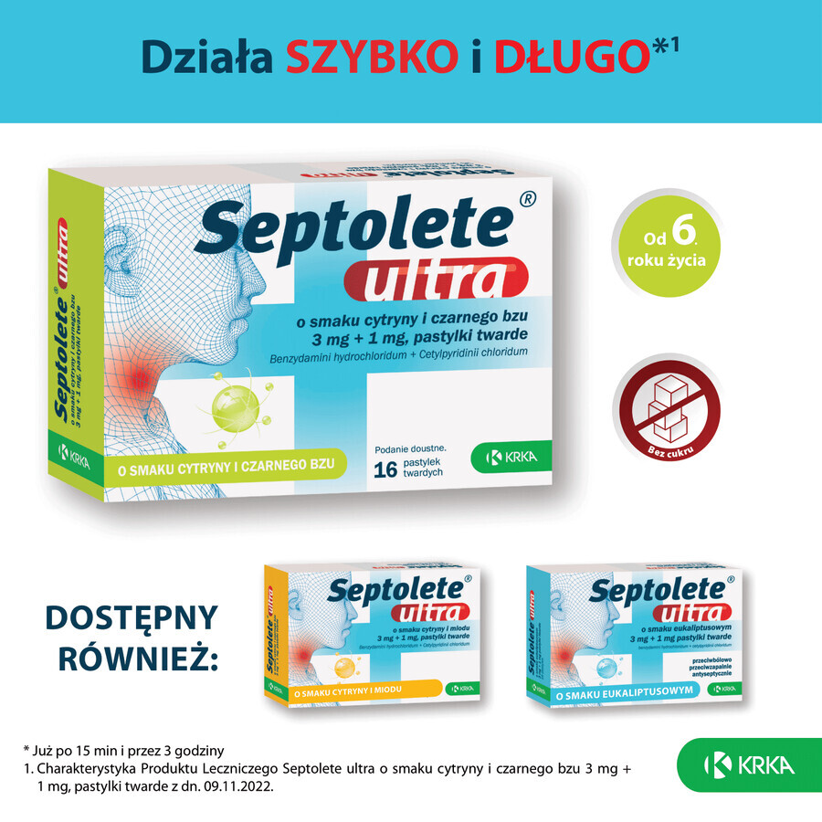 Septolete Ultra goût citron et sureau 3 mg + 1 mg, 16 pastilles dures