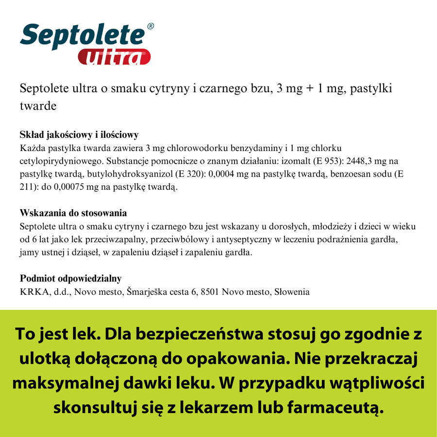 Septolete Ultra goût citron et sureau 3 mg + 1 mg, 16 pastilles dures