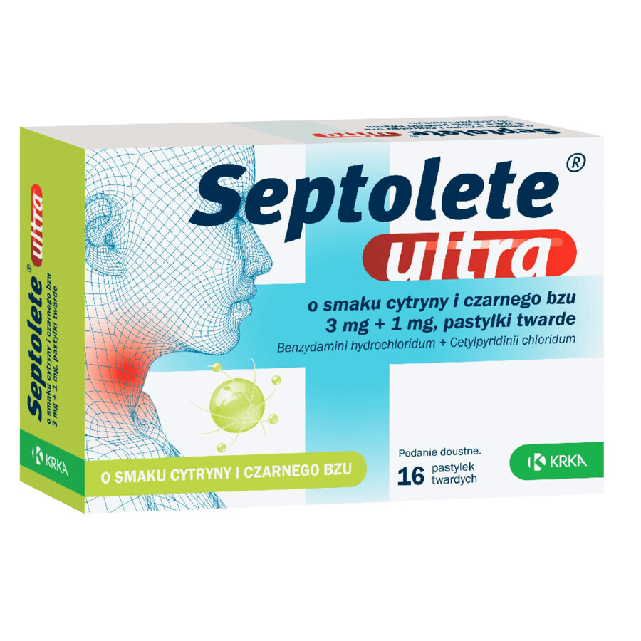 Septolete Ultra goût citron et sureau 3 mg + 1 mg, 16 pastilles dures