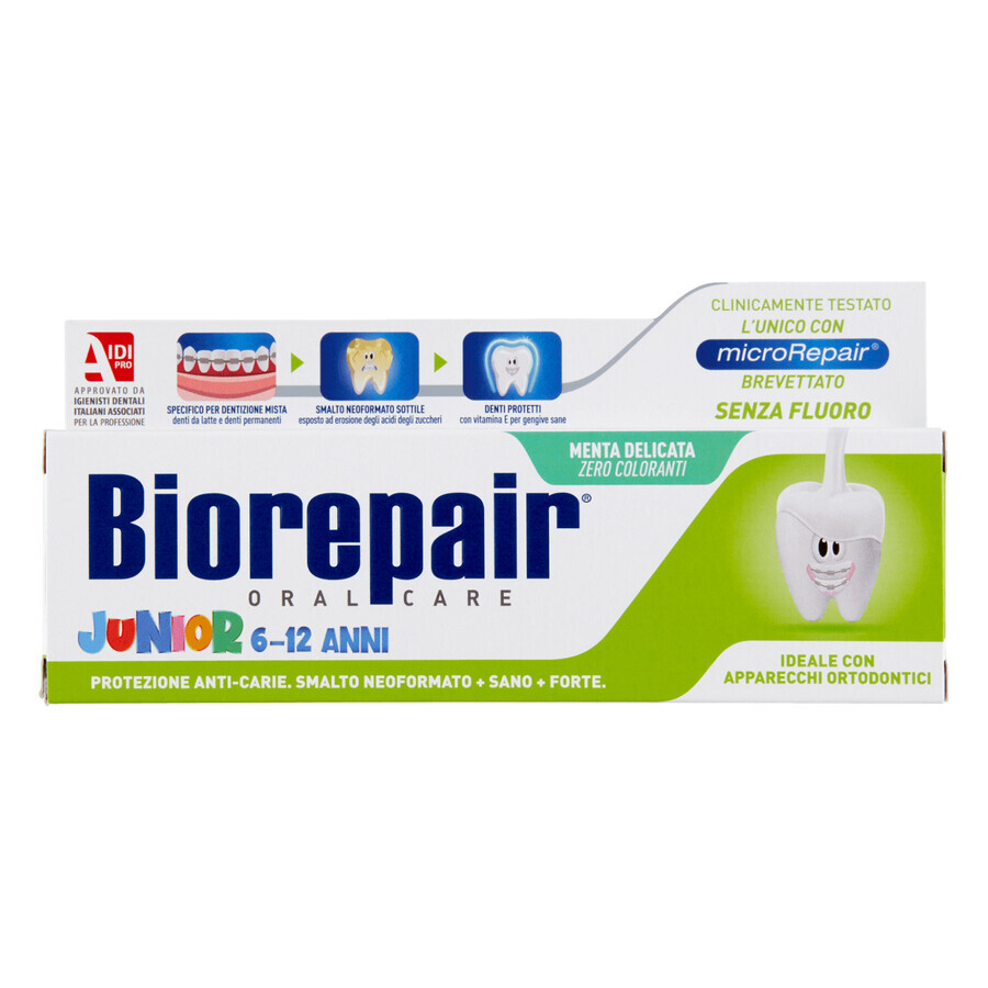 Biorepair Junior, pastă de dinți fără fluor pentru copii, mentă ușoară, 6-12 ani, 75 ml