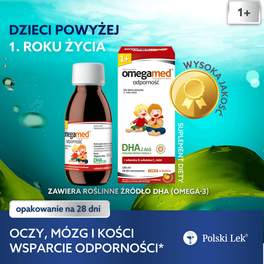 Omegamed Immunity DHA, sirop pentru copii cu vârsta peste 1 an, aromă de portocale, 140 ml AMBALAJ CONTAMINAT