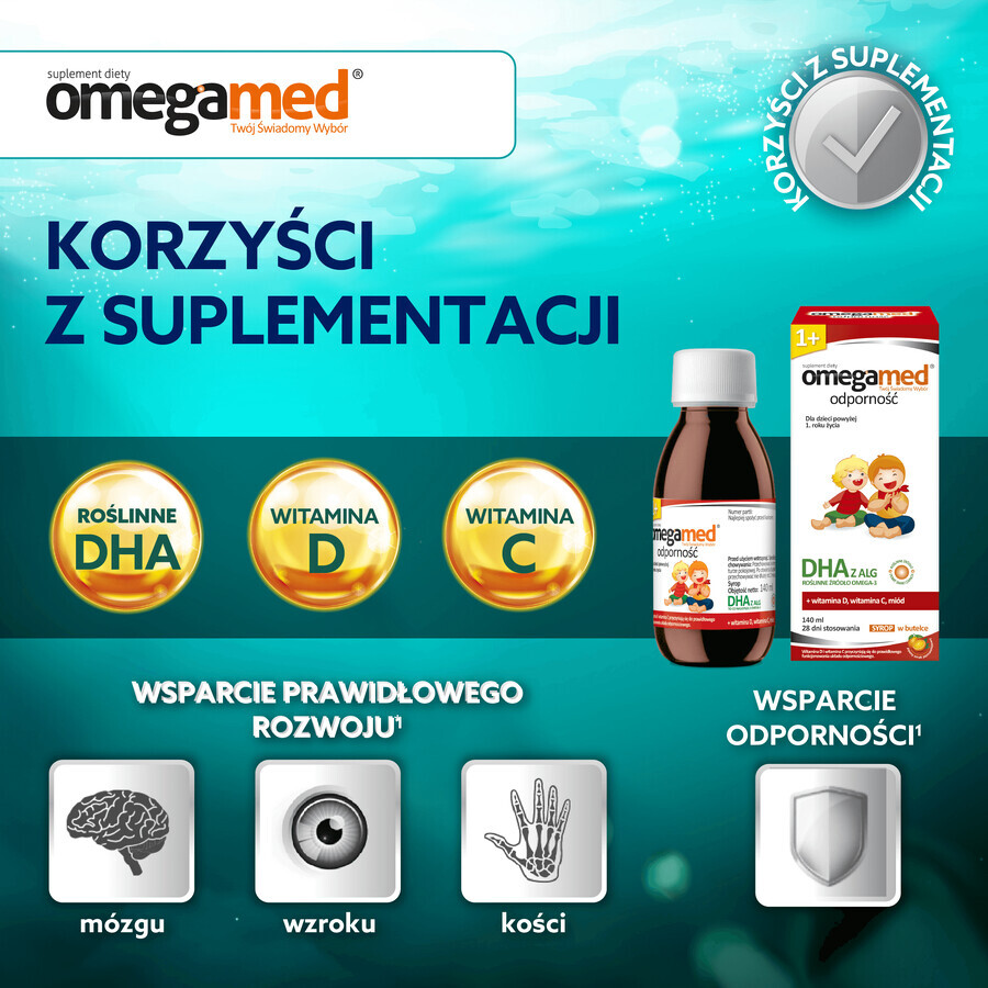 Omegamed Immunity DHA, sirop pentru copii cu vârsta peste 1 an, aromă de portocale, 140 ml AMBALAJ CONTAMINAT