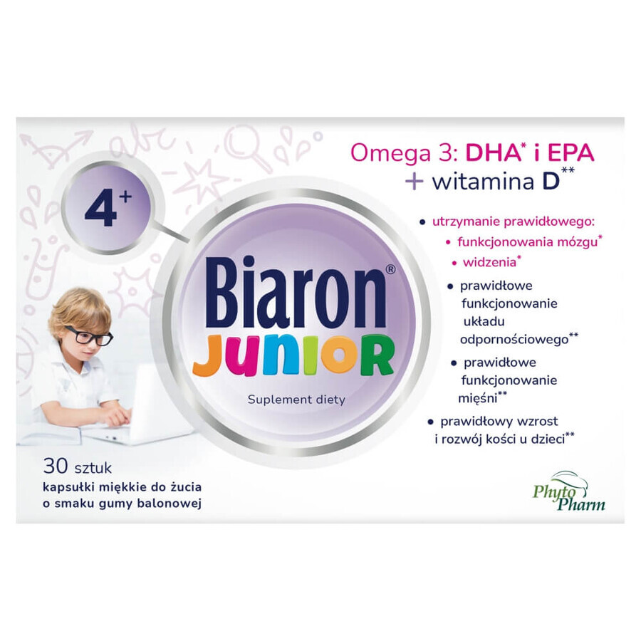 Biaron Junior, pentru copii peste 4 ani și adulți, aromă de fructe bubblegum, 30 capsule de mestecat