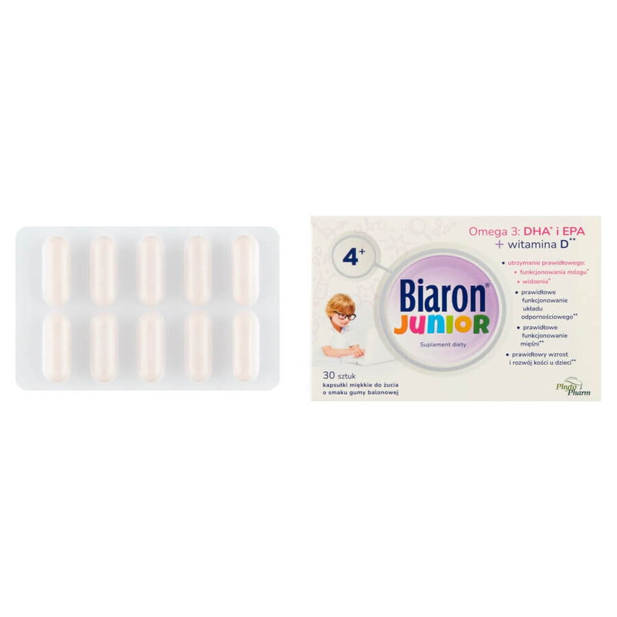 Biaron Junior, pentru copii peste 4 ani și adulți, aromă de fructe bubblegum, 30 capsule de mestecat