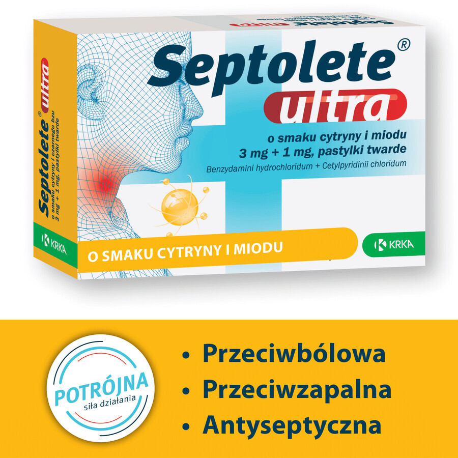 Septolete Ultra aromă de lămâie și miere 3 mg + 1 mg, 16 pastile tari