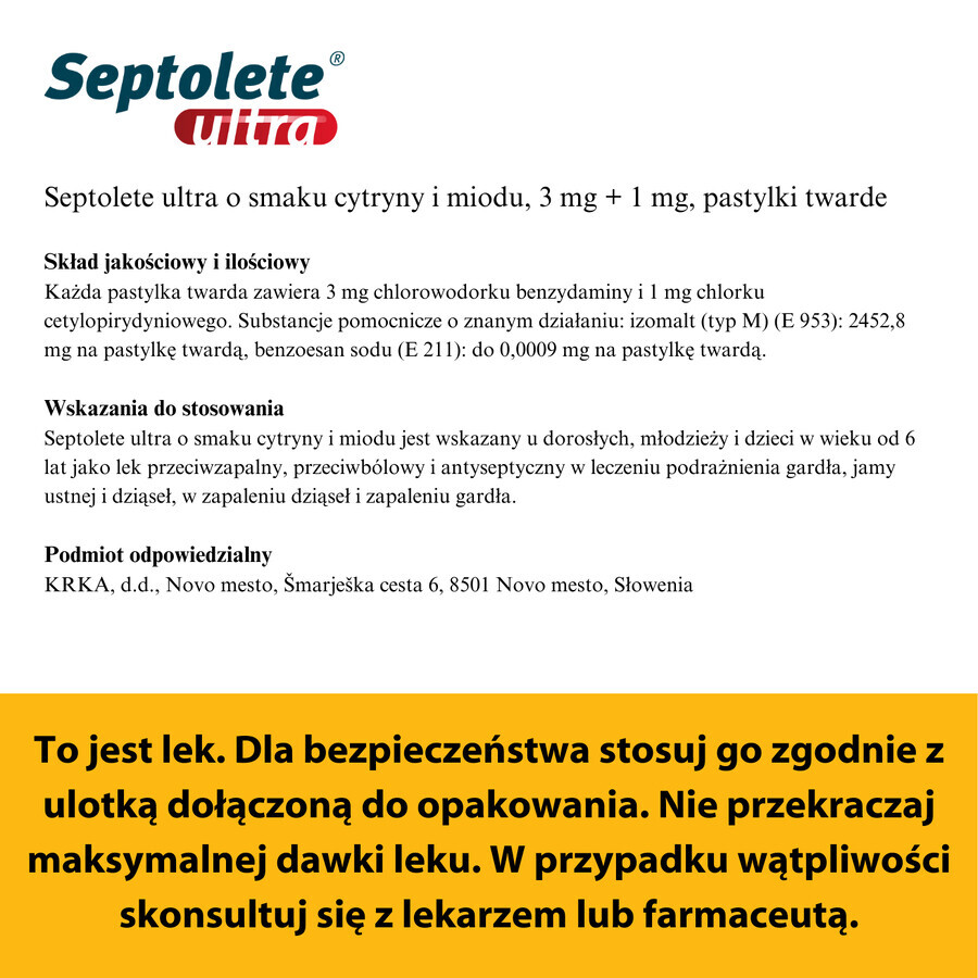 Septolete Ultra aromă de lămâie și miere 3 mg + 1 mg, 16 pastile tari