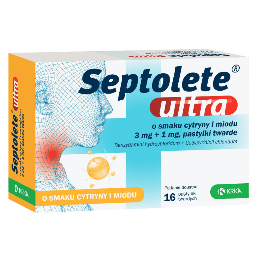 Septolete Ultra aromă de lămâie și miere 3 mg + 1 mg, 16 pastile tari