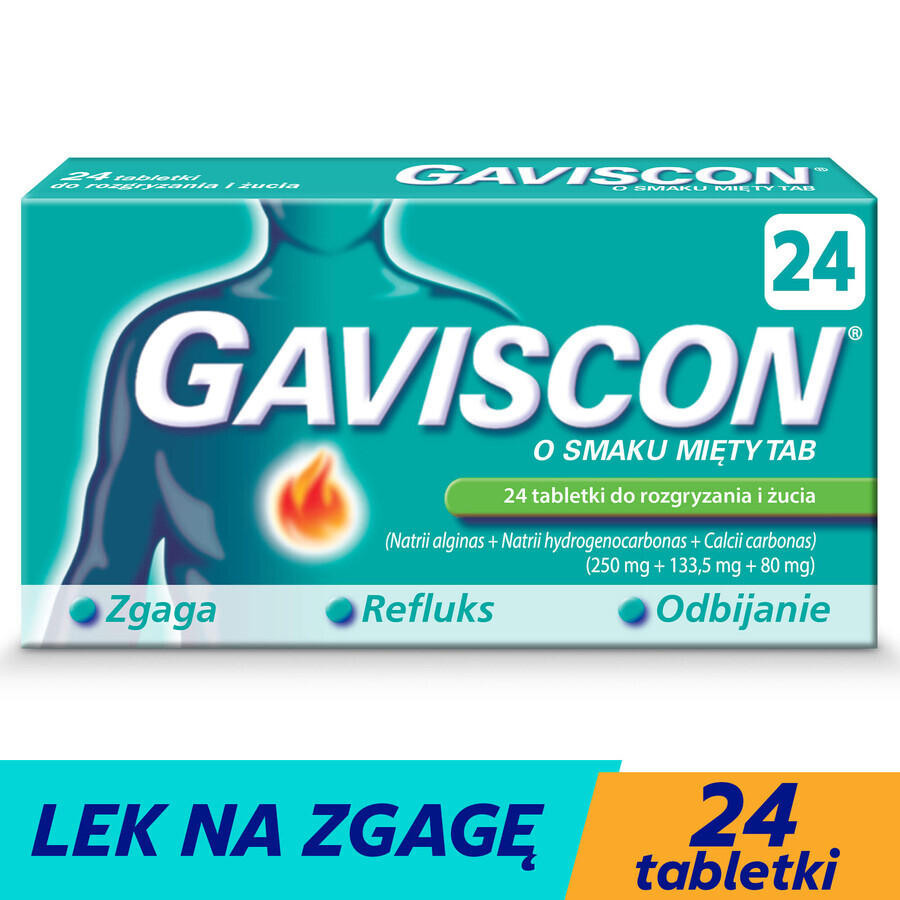 Gaviscon Tab with mint flavor 250 mg + 133.5 mg + 80 mg, 24 chewable tablets