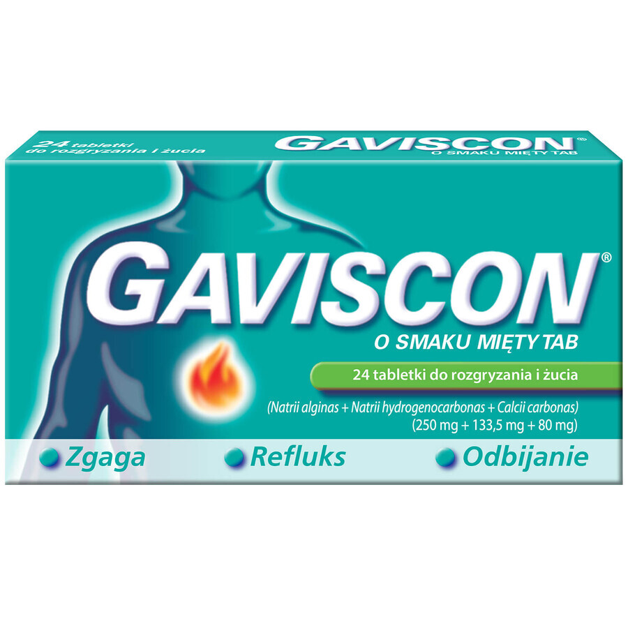 Gaviscon Tab with mint flavor 250 mg + 133.5 mg + 80 mg, 24 chewable tablets