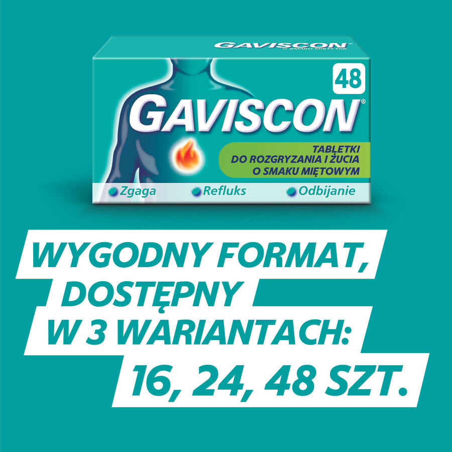 Gaviscon Tab with mint flavor 250 mg + 133.5 mg + 80 mg, 48 chewable tablets