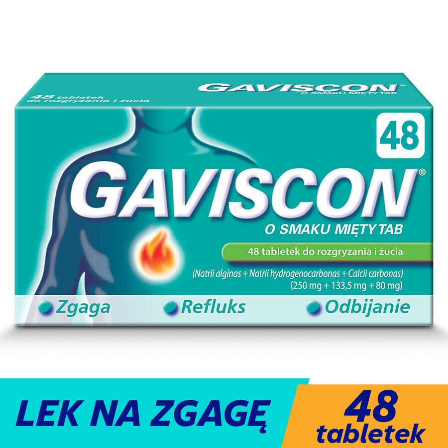 Gaviscon Tab with mint flavor 250 mg + 133.5 mg + 80 mg, 48 chewable tablets