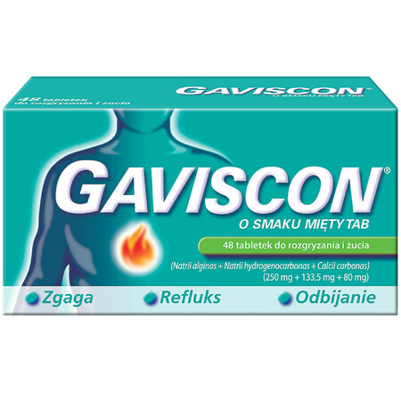 Gaviscon Tab with mint flavor 250 mg + 133.5 mg + 80 mg, 48 chewable tablets