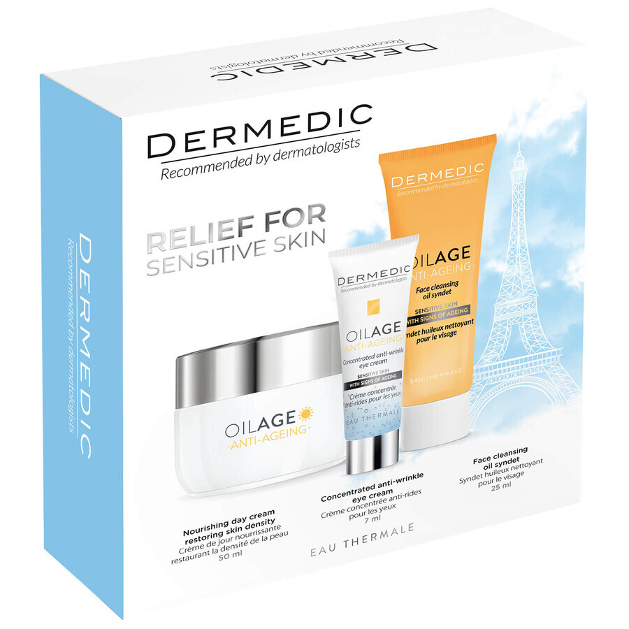 Set Dermedic Oilage Anti-Ageing, crema da giorno nutriente, 50 ml + olio lavante per il viso syndet, 25 ml + crema per il contorno occhi, 7 ml