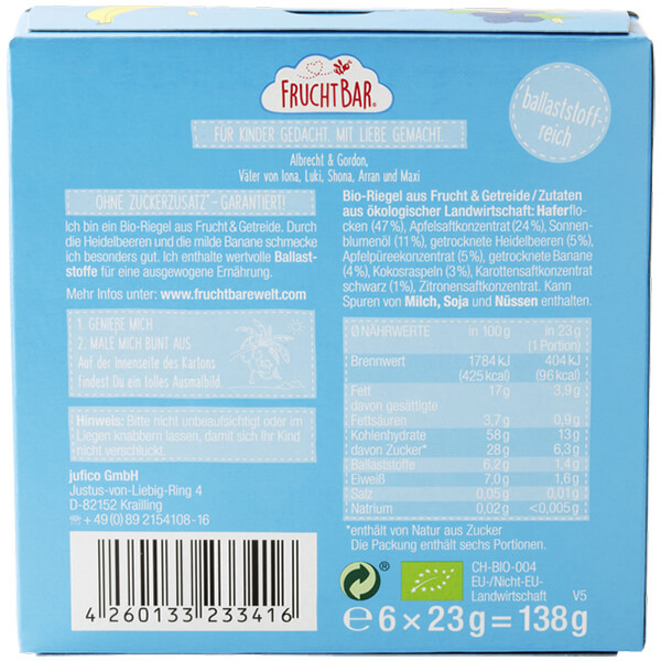 Bara de cereale Fruchtbar Bio, afine, banane, ovăz, după 12 luni, 6 x 23 g