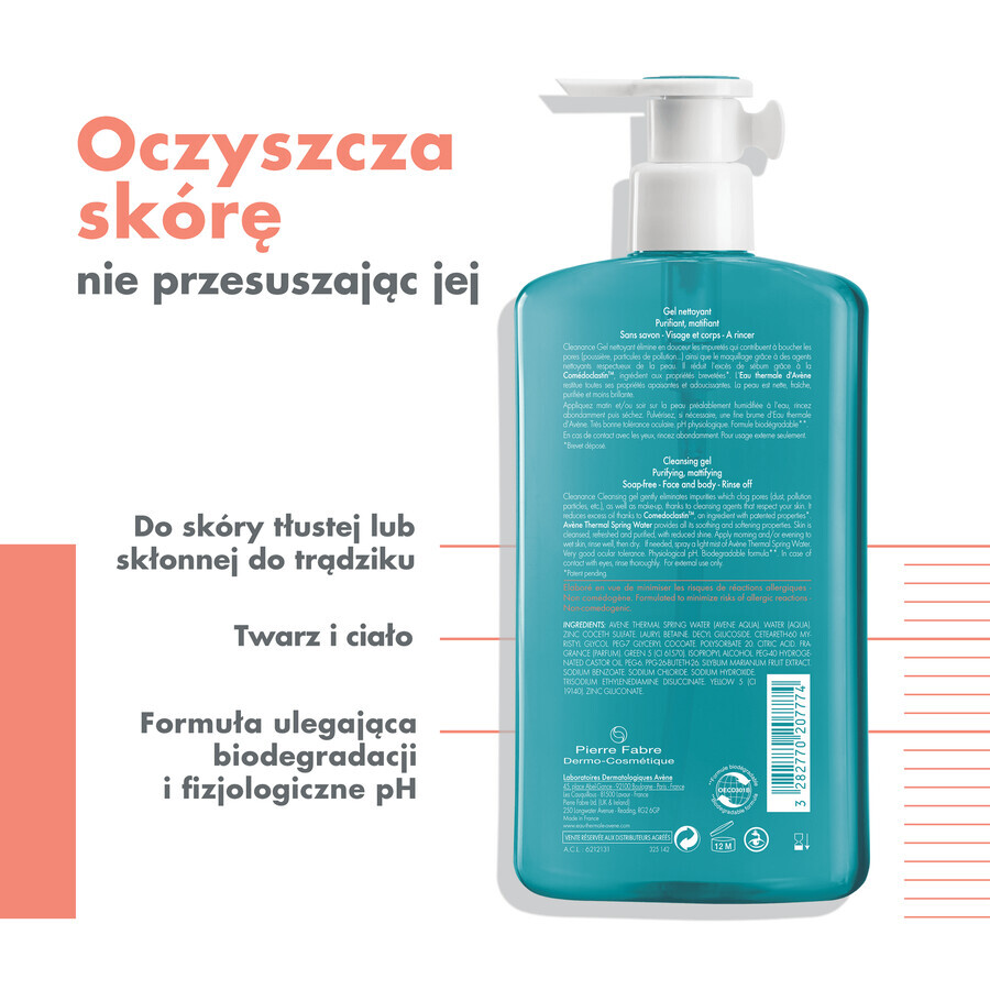 Avene Cleanance, gel de curățare pentru față și corp, ten gras predispus la imperfecțiuni, 400 ml