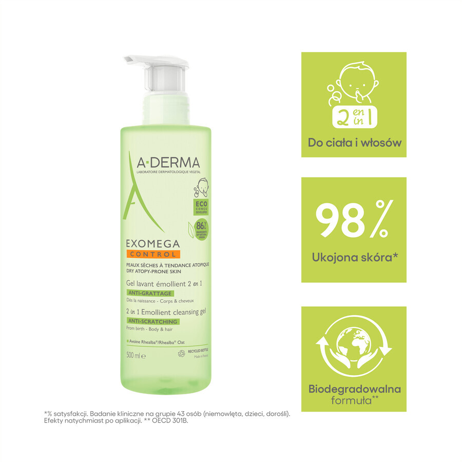 A-Derma Exomega Control 2in1, gel emolient pentru corp, față, păr, de la naștere, 500 ml