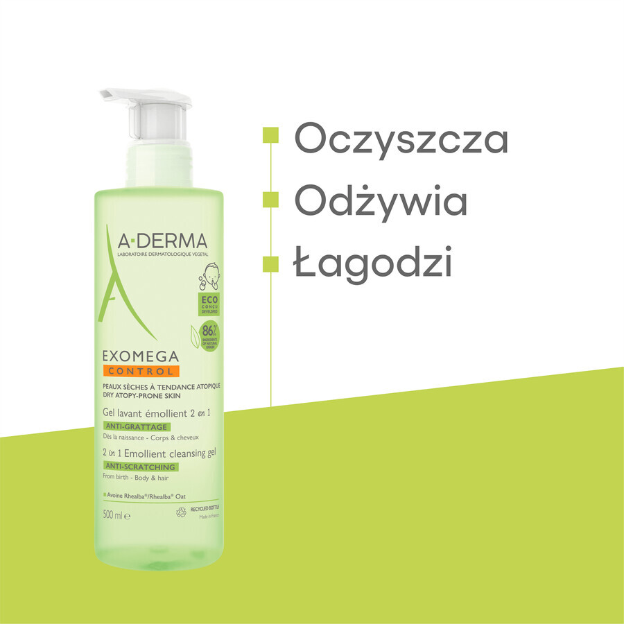 A-Derma Exomega Control 2in1, gel emolient pentru corp, față, păr, de la naștere, 500 ml