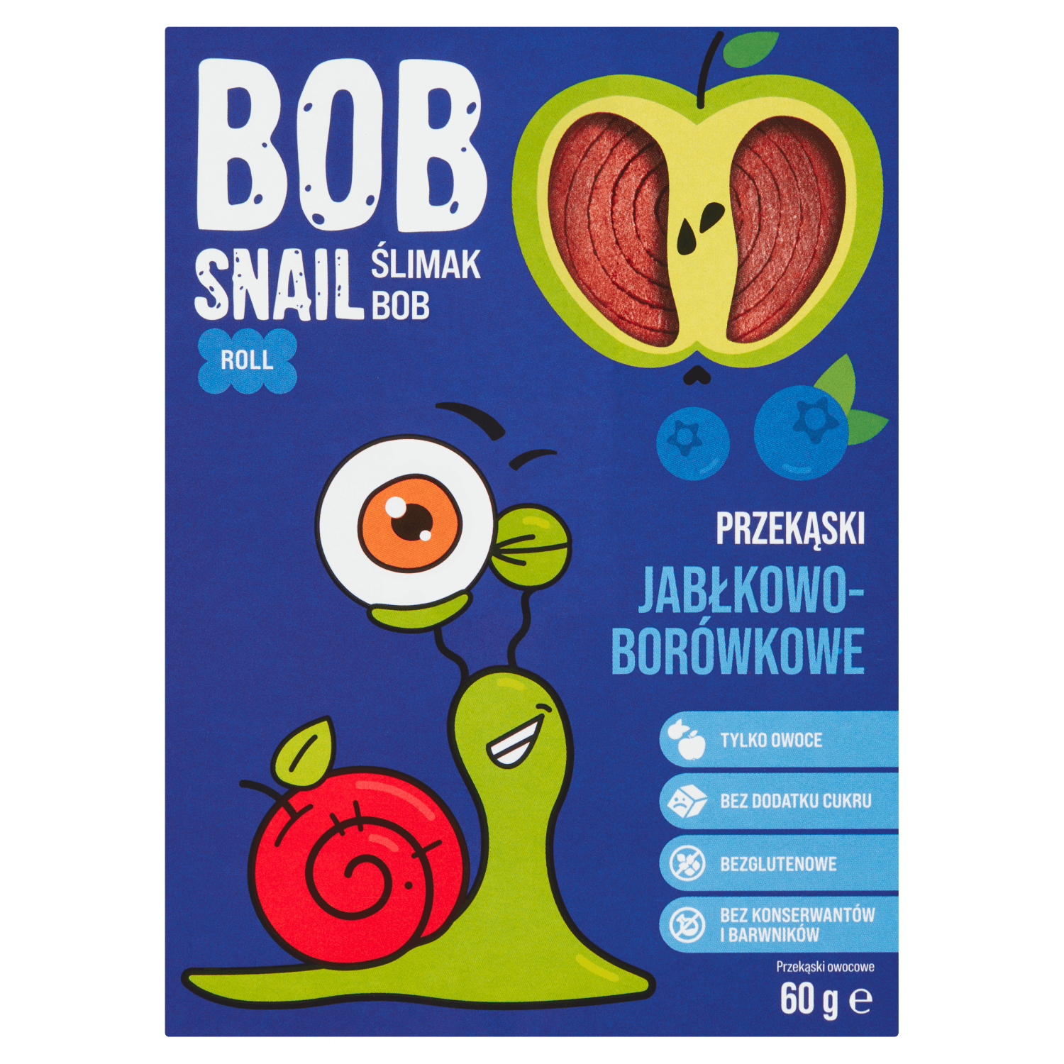 Bob Snail Roll Gustări cu fructe, măr, afine, 60 g