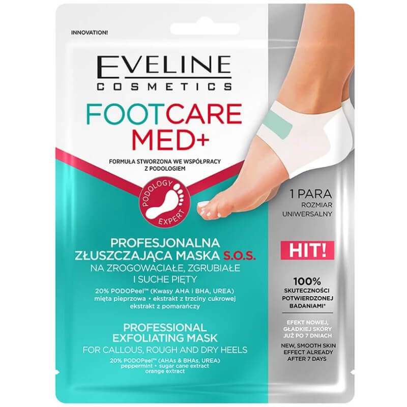 Eveline Cosmetics Foot Care Med+, mască profesională exfoliantă S.O.S. pentru călcâie calusate, calusate și uscate, 1 pereche