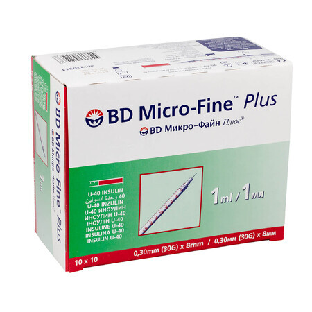 BD Micro-Fine Plus, seringă de insulină, 1 ml, U-40, cu ac 30G, 0,3 x 8 mm, 100 bucăți