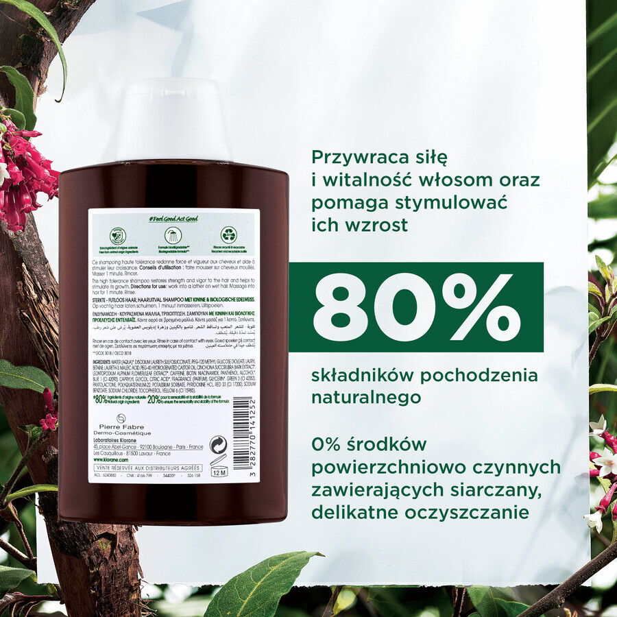 Klorane, șampon cu chinină și edelweiss organic pentru căderea părului și lipsa de vitalitate, 200 ml