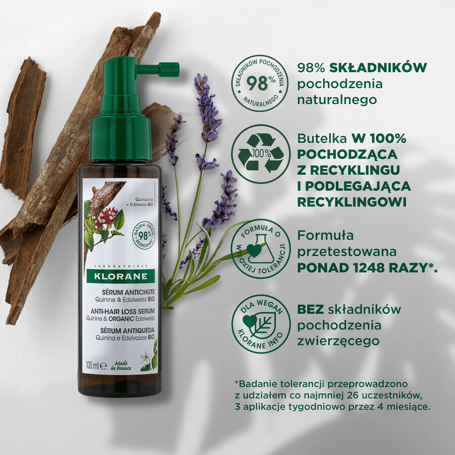 Klorane, ser pentru căderea părului cu chinină și edelweiss organic, 100 ml 