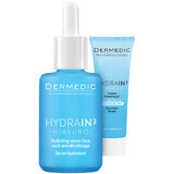 Kit Dermedic Hydrain 3 Hialuro, feuchtigkeitsspendendes Serum für Gesicht, Hals und Dekolleté, trockene Haut, 30 ml + cremiges Waschgel für trockene und feuchtigkeitsarme Haut, 25 ml