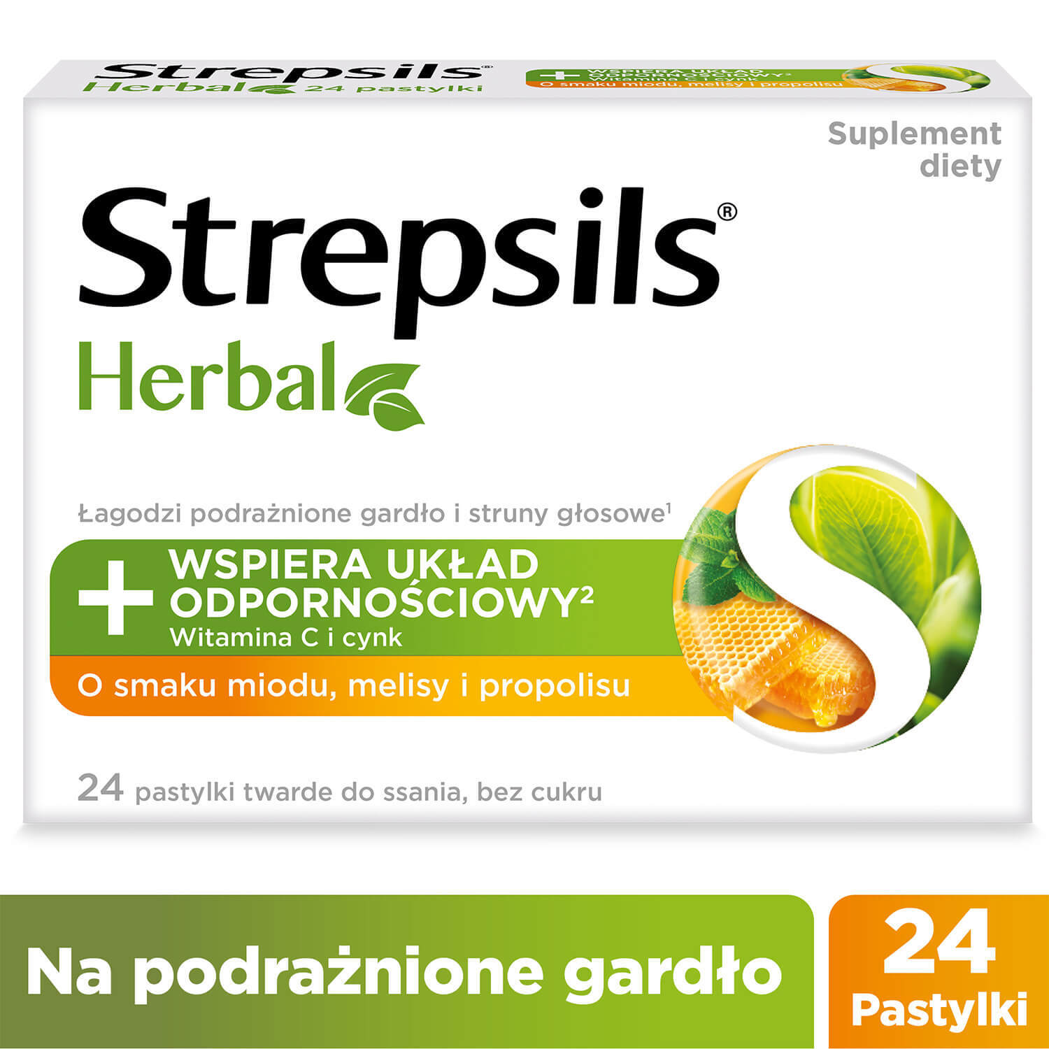 Strepsils Herbal, aromă de miere, melissa și propolis, fără zahăr, 24 pastile