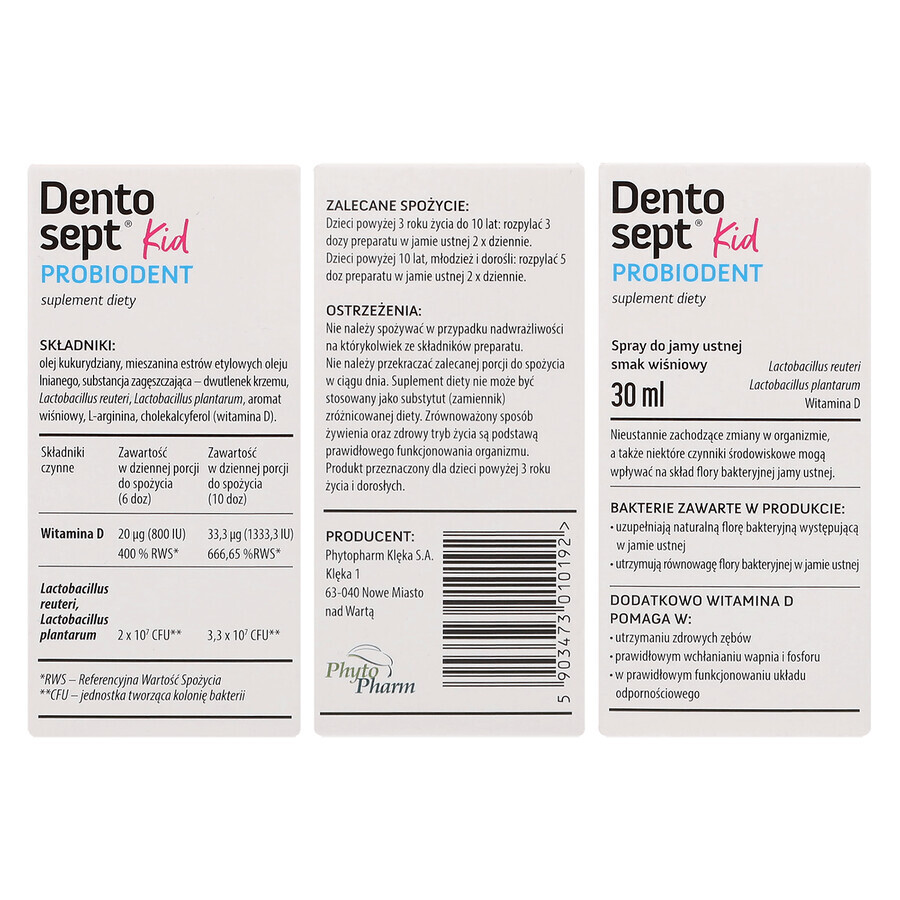 Dentosept Probiodent Kid, spray, aromă de cireșe, 30 ml