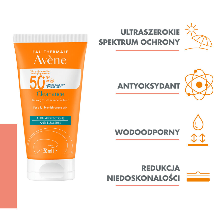 Avene Cleanance Sun, beschermingscrème voor het gezicht, vette huid en huid met neiging tot onzuiverheden, SPF 50+, 50 ml