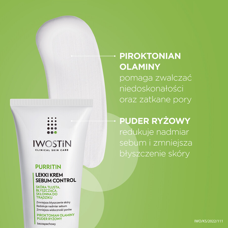 Iwostin Purritin, Sebum Control Light Cream, Oily, Shiny, Acne-Prone Skin, 60ml